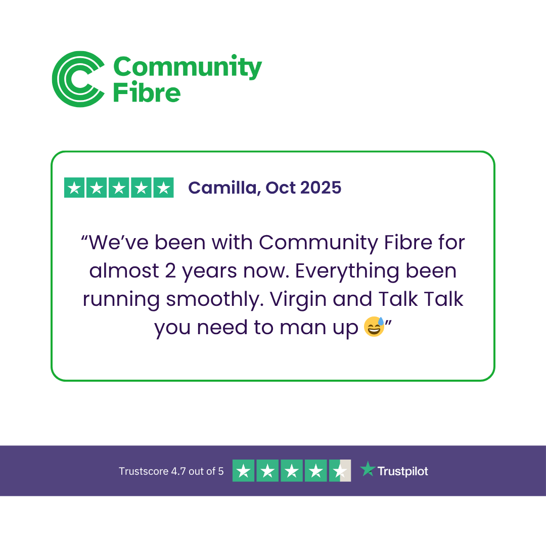CommunityFibre's tweet image. If you needed an incentive to switch to us, here it is. Thank you to Camilla for your 5-star review.​

​Share your review at
ow.ly/l8Ms50XmrgS ​

​#CommunityFibre #Fast #Trustpilot