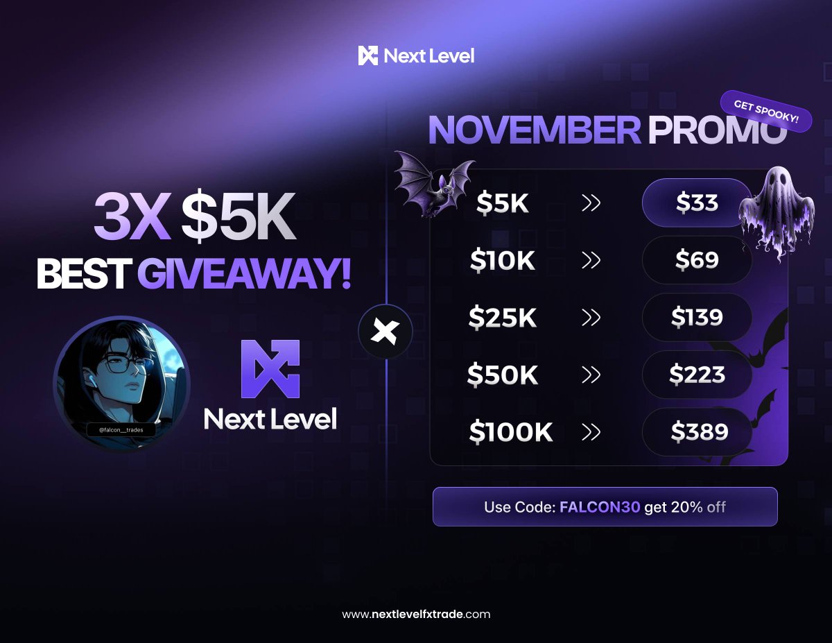 falcon__trades's tweet image. 3x 5k account giveaway 🥳

U must complete all task to qualify 

Must follow:
@falcon__trades
@next_level_prop 
@futures_NL
@DraxonLT 
@Prop_partner 

Like ,Retweet and tag three friends
 
Sign up: nextlevelfxtrade.com/?ref=Emmanuel

Winners in 72 hours