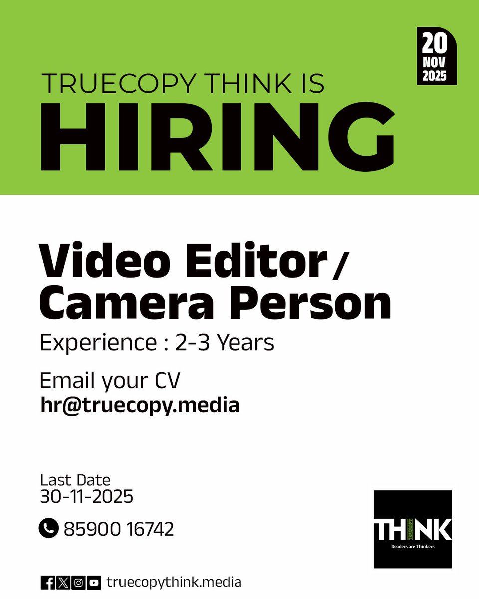 TruecopyThink's tweet photo. Truecopy Think is Hiring
Video Editor / Camera Person
Mail ID: hr@truecopy.media
Phone No: 8590016742
#Hiring #TruecopyThink https://t.co/dGlqfGShn7