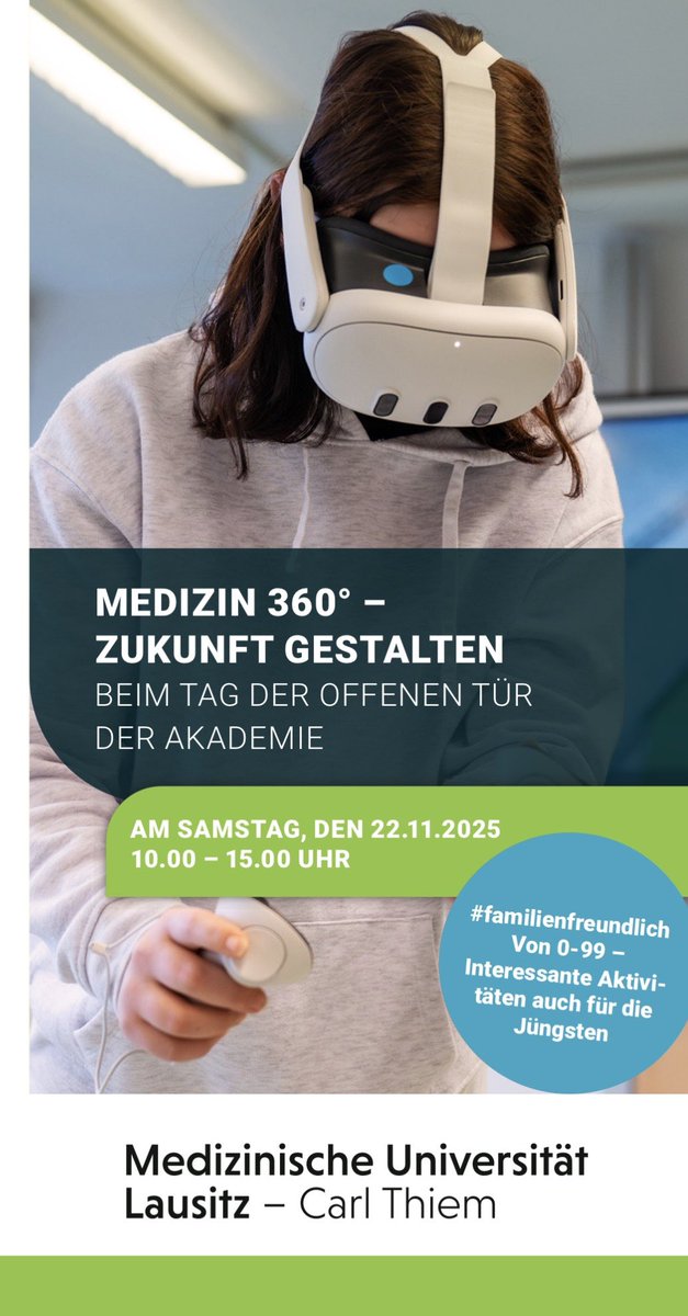 🌐 Medizin 360° – Zukunft gestalten!
Tag der offenen Tür der Akademie der Medizinischen Universität Lausitz – Carl Thiem

📅 Sa, 22.11.2025 | 🕙 10–15 Uhr

Entdeckt die Welt der Gesundheitsberufe!
🟢 Infos zu Ausbildung, Studium &amp; Weiterbildung

Mehr Info: kausa-brandenburg.de/termin/tag-der…