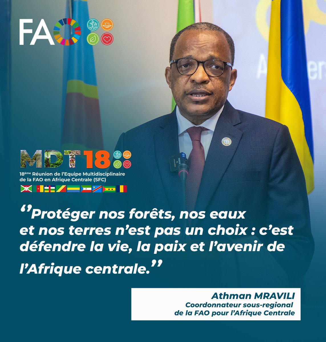 Au #MDT18 🇬🇦, la FAO réaffirme son engagement pour l’Afrique centrale: renforcer la #RésilienceClimatique par la gestion durable des ressources naturelles.
✅La sous-région ne pourra assurer sa sécurité alimentaire sans une gouvernance transparente et inclusive du capital naturel