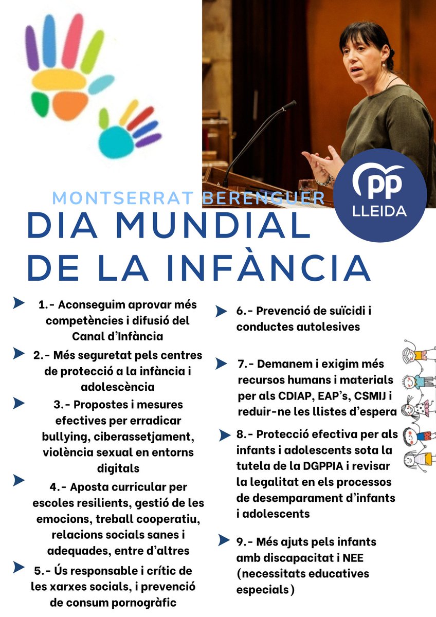 🎈 Dia Mundial de la Infància i l’Adolescència

Des del PP de Lleida reafirmem el nostre compromís amb la protecció i el benestar dels infants i joves. 💙
<a href="/MontseBerenguer/">Montserrat Berenguer Messeguer</a> <a href="/PPCatalunya/">PP de Catalunya</a>