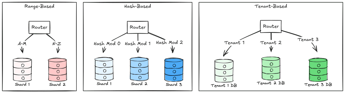 mjovanovictech's tweet image. 3 types of database sharding:

- Range-based - splits data based on ranges of a key value
- Hash-based
- Tenant-based 

Range-based sharding splits data based on ranges of a key value.

Hash-based sharding applies a hash function to your sharding key to determine which shard…
