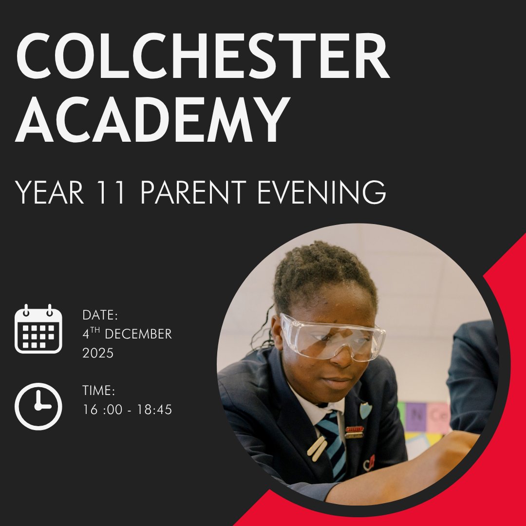 📣 Year 11 Parents’ Evening – Thu 4 Dec 2025

Parents/carers are invited to Colchester Academy to discuss Year 11 progress.
Appointments run 4–6:45pm and can be booked on School Cloud until 3:30pm.

🔗 colchesteracademy.schoolcloud.co.uk

#resilience
