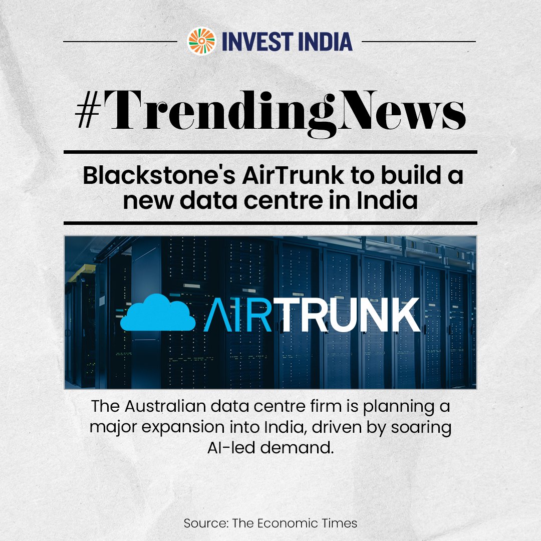 investindia's tweet image. Australia&apos;s #AirTrunk expansion in India is driven by rising #AI-led data demand and nation&apos;s vast digital population, offering huge opportunities for #datainfrastructure growth.

Read more: tinyurl.com/2b4a82kf

#TrendingNews @blackstone