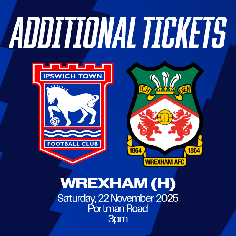 IpswichTown's tweet photo. 🎟️ A limited number of additional tickets for Saturday's home game with Wrexham will go on sale at midday today.

The additional tickets are located in block VU2 of the Cobbold Stand and are available due to the away side not selling their full allocation. ⤵️
