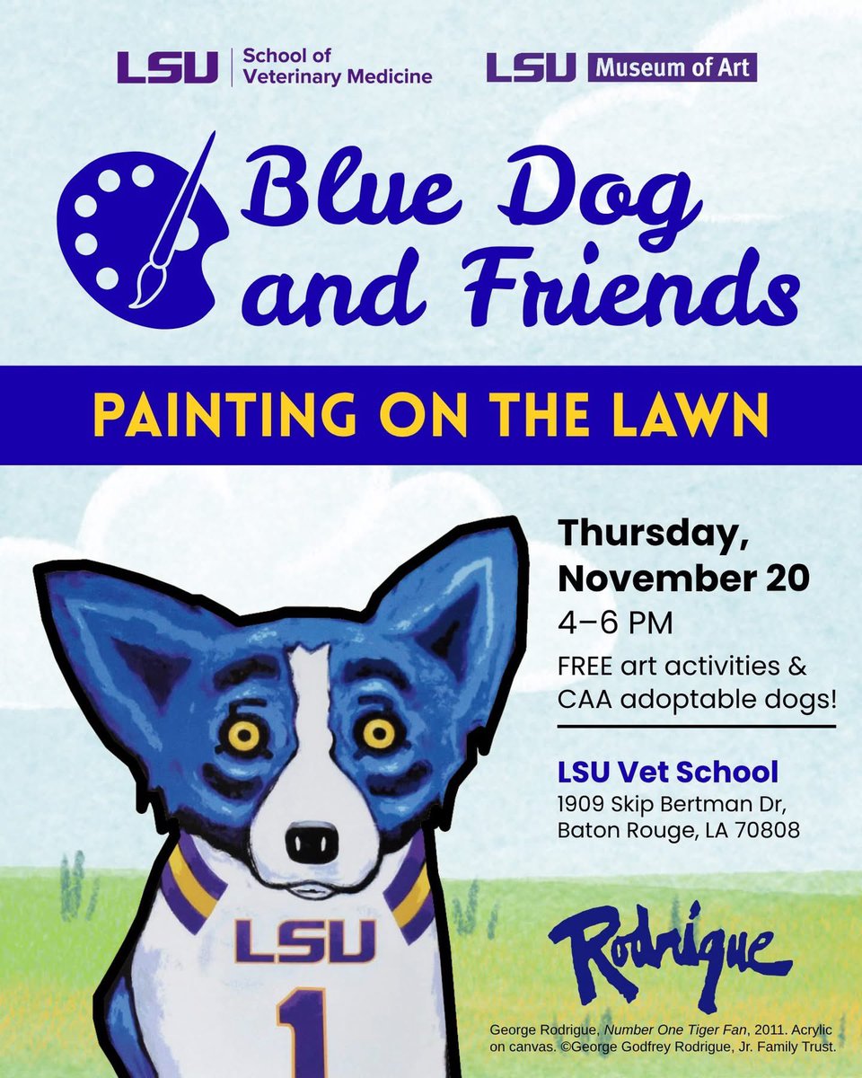 lsuvetmeddean's tweet photo. In an impactful collaboration with the @lsumoa & Companion Animal Alliance, we’re delivering a delightful event this afternoon @LSUVetMed inspired by George Rodrigue’s Blue Dog—another example of the power of art to better lives. #LSU #ScholarshipFirst #WBTTW #WeTeach #Community https://t.co/R0nN9i9Gvg