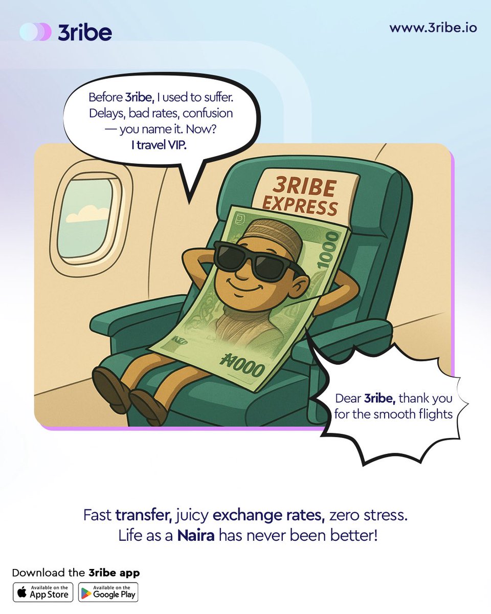 3ribe_io's tweet photo. If your transfers aren’t giving “smooth ride,” switch to 3ribe.

Better rates. Faster speed. Zero confusion. 😎✌️
.
.
.
#3ribe #grantspayment #nigeriansintheuk #sendmoneyhome #paywith3ribe https://t.co/0FKGACNbB5
