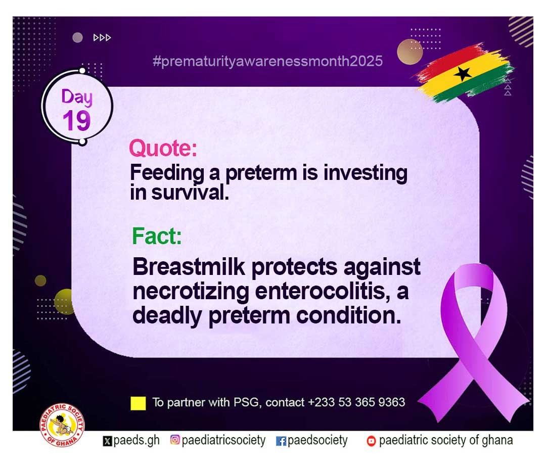paedsociety_gh's tweet image. Prematurity Awareness Month - Day 19

Breastmilk protects against necrotizing enterocolitis, a deadly preterm condition. Feeding a preterm is investing in survival

#EquitableCare💜
#prematurity💜
#prematurityawarenessmonth💜
#childhealth💜
#ChildHealthMatters💜
#purplemonth💜