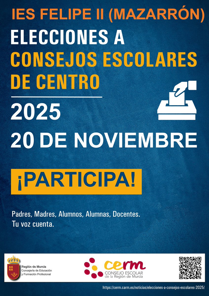 Elecciones a Consejo Escolar en el IES Felipe II: Jueves, 20 de Noviembre. Horario de votación para padres y madres: de 12 h a 15 h. Elige a tus representantes, cumpliendo con tu derecho al voto. Tu opinión es importante. Anímate.