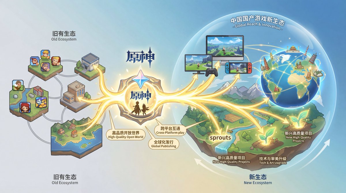 교육적 그림을 사용하여 원신이 중국 국내 게임의 판도를 바꾼 이유를 설명하세요.