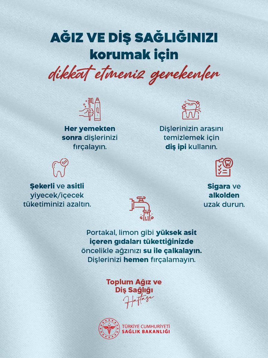 Ağız ve Diş Sağlığınızı Korumak için Dikkat Etmeniz Gerekenler👇🏻

#ToplumAğızveDişSağlığıHaftası