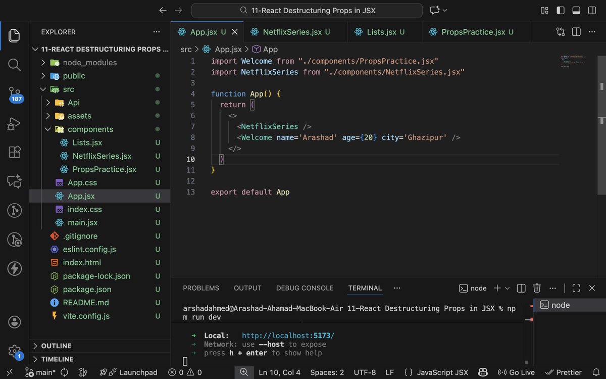 ArashadAhamad10's tweet image. Day 156 of #200DaysOfCode
Learning #ReactJS
🔹 Props — Passing data from parent to child
🔹 Destructuring Props — Cleaner and readable JSX

#100DaysOfCode #JavaScript #FrontEndDevelopment #WebDevelopment #CodingJourney #WebDev #BuildInPublic #Frontend #LearnInPublic