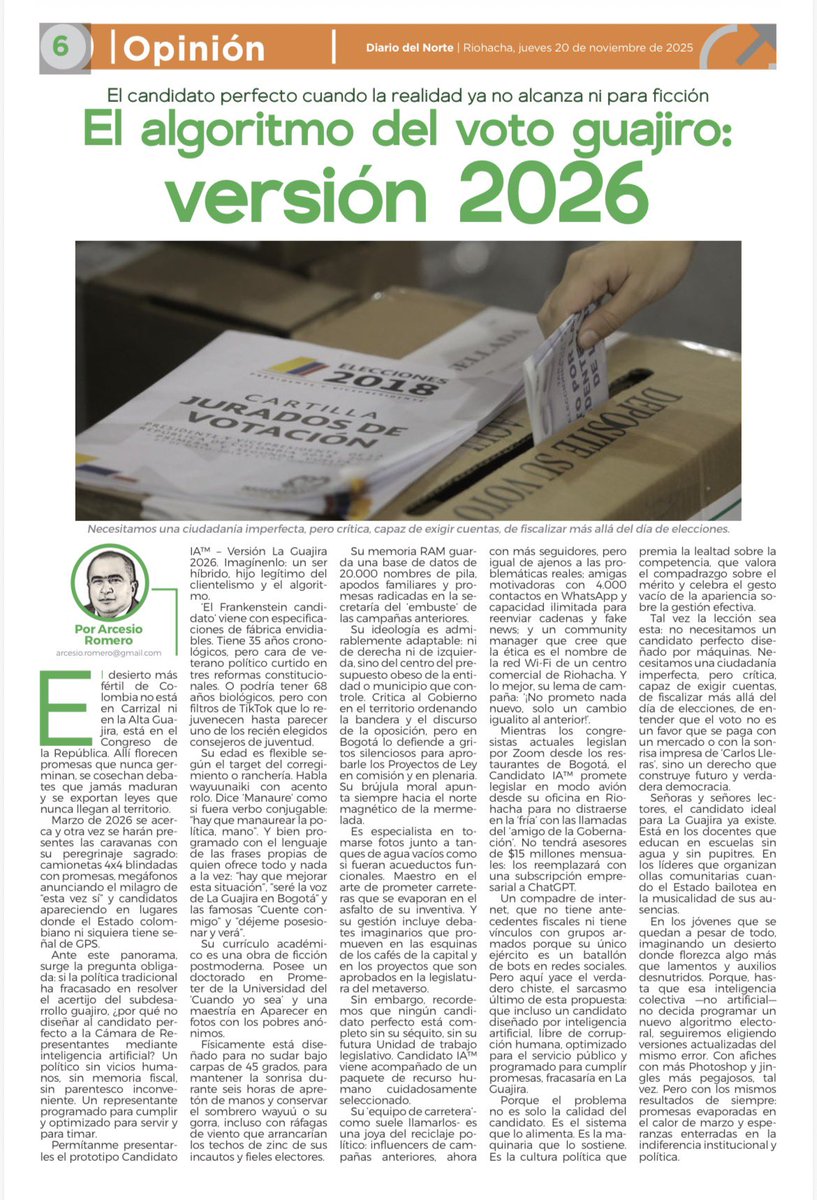 Columna semanal en <a href="/DiarioDelNorte/">diariodelnorte</a> 
#elecciones2026 #LaGuajira #LoveYourW #WONDERING