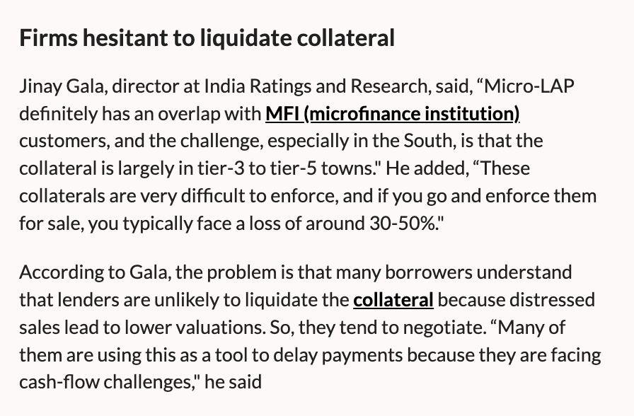 A paragraph in <a href="/livemint/">Mint</a> caught my eye.

"Micro-LAP (Loan against property) lenders are hesitant to liquidate collateral."

Matter of time before lenders figure out it is tough to liquidate collateral in the case of affordable housing also.

From that point, it will be a short