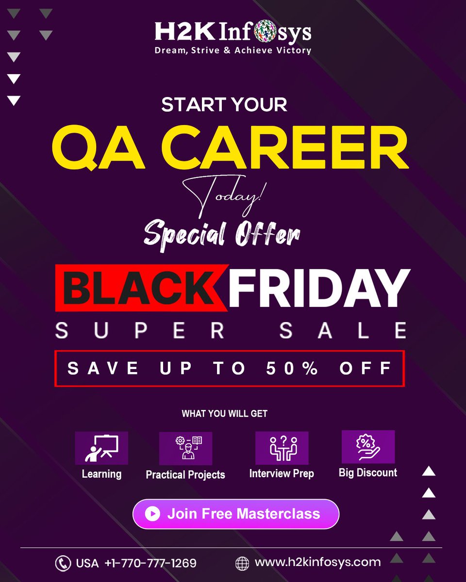 h2kinfosys's tweet image. Black Friday 50% OFF: Start Your QA Career Today!
Enroll Now : h2kinfosys.com/courses/qa-onl…
📞 +1 770-777-1269 | 📧 training@h2kinfosys.com
👉 For Latest Updates about H2kinfosys In One Click: h2kinfosys.com/quick-links/
#QATrainingCourses #QATraining #QATesting #SoftwareTesting #viral