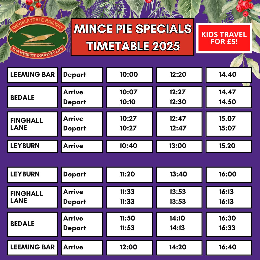 Tickets on sale now for our Mince Pie Specials!
Blow those post-Christmas cobwebs away with a festive journey by steam or diesel loco and a complimentary mince pie &amp; hot drink served on board!
Steam (28 &amp; 29 Dec): wensleydale-railway.co.uk/steam-mince-pi…
Diesel (30 Dec): wensleydale-railway.co.uk/diesel-mince-p…