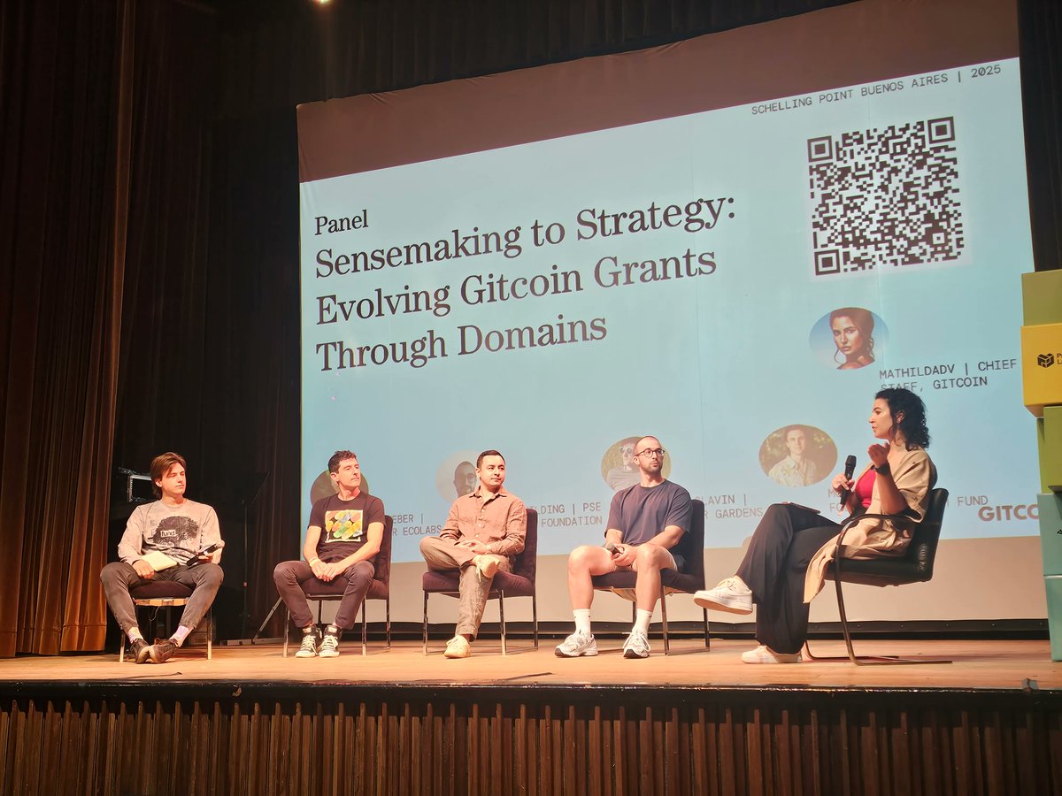 gitcoin's tweet image. The #GG24 panel is live.

@MontyMerlin, @Paul_Glavin, @john_guilding,  and @mathildawrites are diving into how Domains reshape Gitcoin - clearer focus, tighter signal, better capital allocation.

Strong alignment and sharp commentary in this one✨

Moderated by @LuukDAO