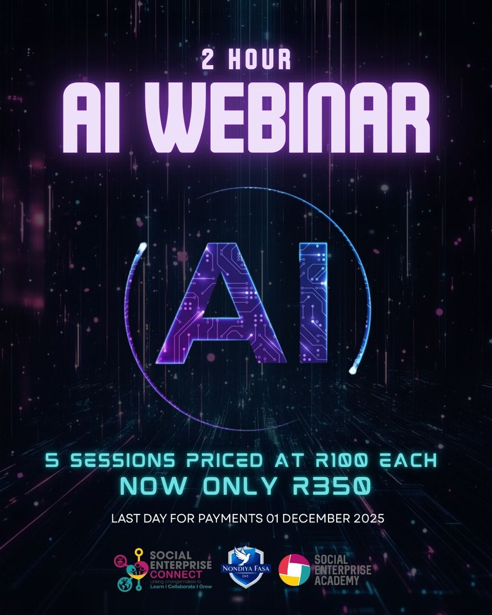 SocialEnterpr12's tweet image. Join us for an exciting AI Website Building Webinar Series designed especially for impact-driven entrepreneurs!

Closing date: 1 Dec 2025 
Learn more &amp;amp; register here: 👉 socialenterpriseconnect.co.za/programmes-and… 

#AIForGrowth #DigitalAdvancement #AIWebinarSeries