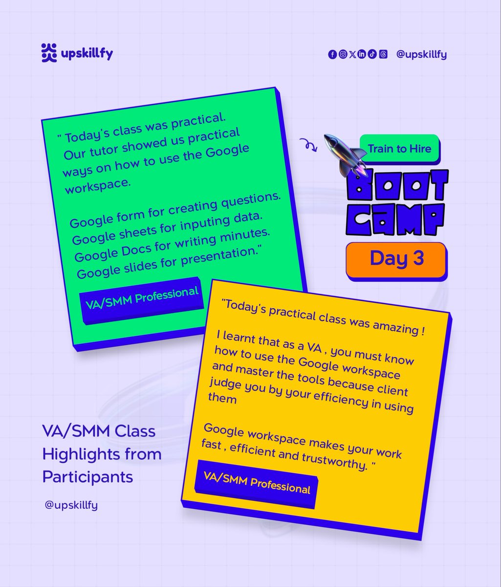 upskillfy's tweet image. Day 3 of the Bootcamp and the momentum is crazy.
Our learners are picking up real skill from Google Workspace mastery to graphics design breakthroughs and their feedback says everything.

Small wins → Big confidence → Real growth.
Day 4, we’re ready. 🚀

#Upskillfy #Bootcamp