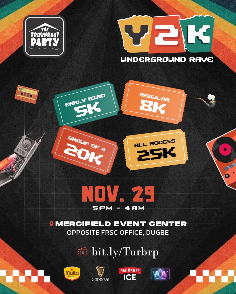 thebrownroofP22's tweet image. We want to see ibadan outsiders in their best retro outfits !!

Party People let’s take it back to the year 2000s 

Now is the time to get your tickets 

🎟️ bit.ly/Turbrp