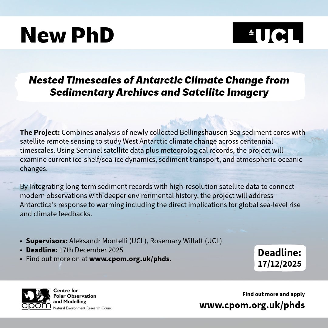 CPOM_news's tweet image. 🎓 Two PhD positions open in #PolarScience &amp;amp; #ClimateScience 

1️⃣ AI-Driven Landslide Forecasting 
2️⃣ Antarctic Climate Through Time  

More details 👇

📅 Both Deadline on 17 Dec 2025 
🔗cpom.org.uk/phds 

   #PhDPosition #EarthObservation