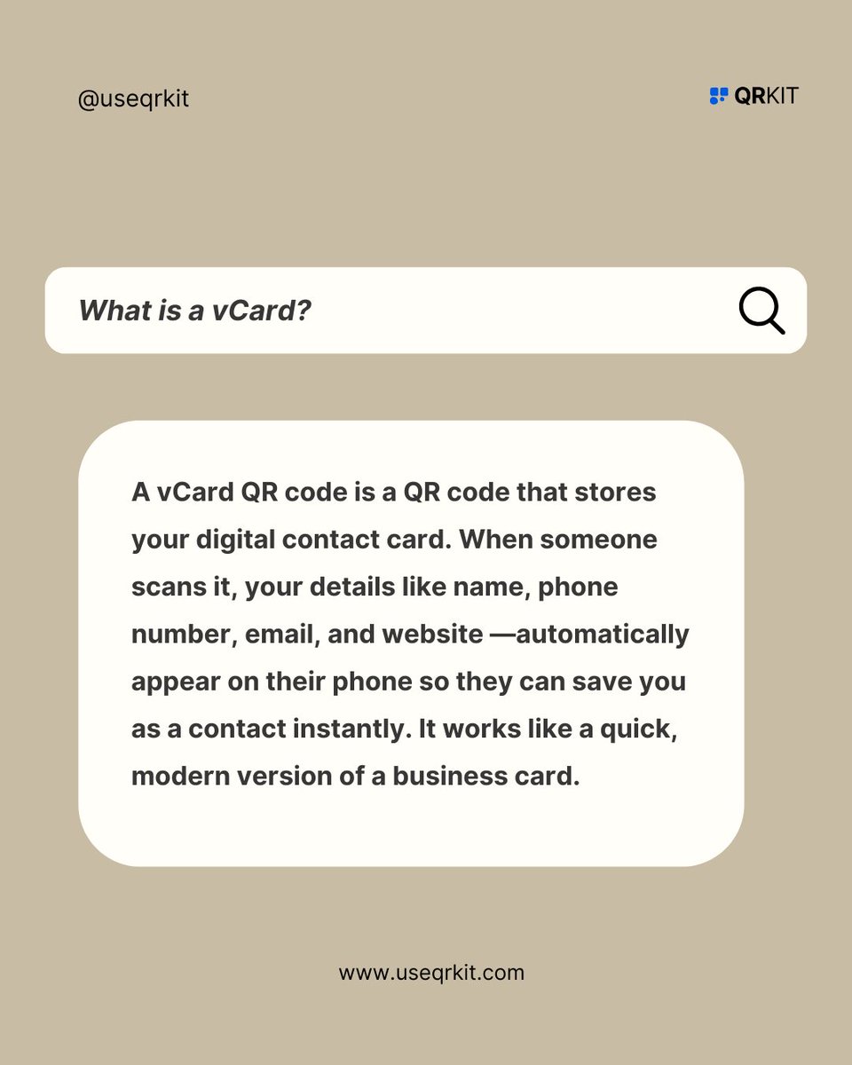 useQRKit's tweet image. A vCard QR code is the modern way to share your contact details instantly. 
Scan, save, connect — it’s that simple.
Create yours at useqrkit.com ⚡️
#QRCode #businesscard #smartbusinesscard #vCard