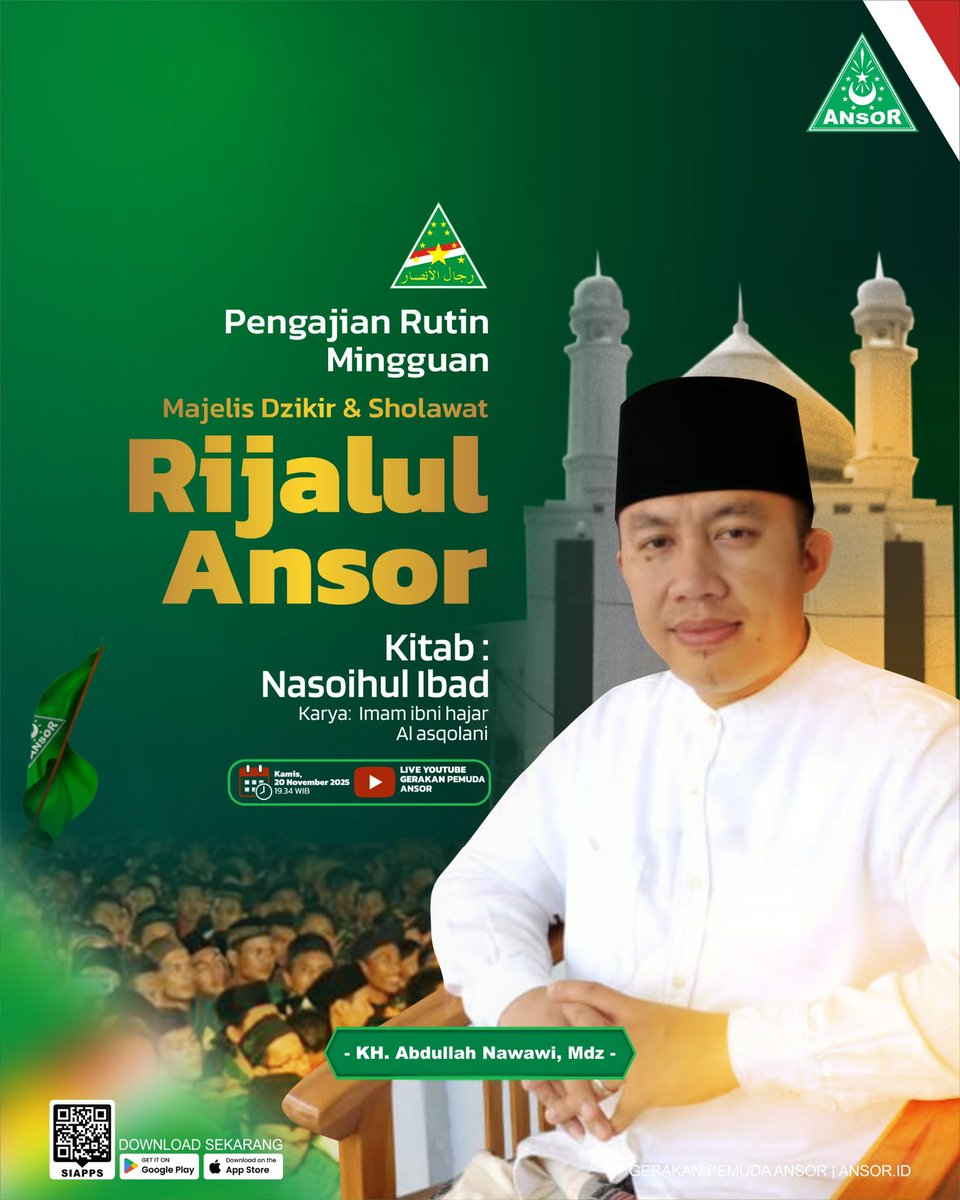 Official_Ansor's tweet image. Nashāihul ‘Ibād karya Syekh Nawawi al-Bantani ulama besar yang ilmunya seakan menerangi zaman mengingatkan kita untuk terus memperbaiki niat dan akhlak saban hari. 

Yuk ikut majelisnya, semoga jadi jalan kebaikan untuk kita semua.