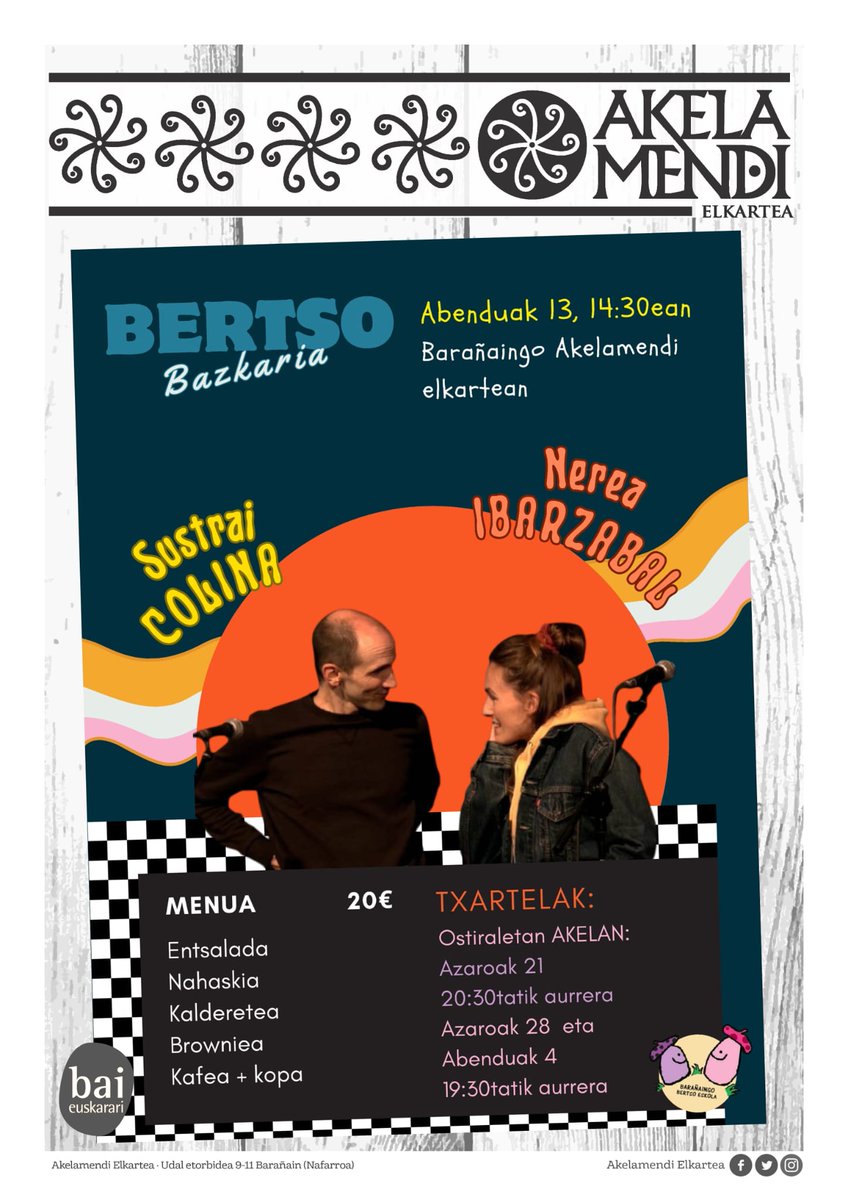 akelamendi's tweet image. 💥💥💥Hemen da Barañaingo bertso eskolak Akelamendin antolatutako Bertso bazkaria.

🎙️Nerea Ibarzabal
🎙️Sustrai Colina

📌Abenduak 13, 14:30tan.