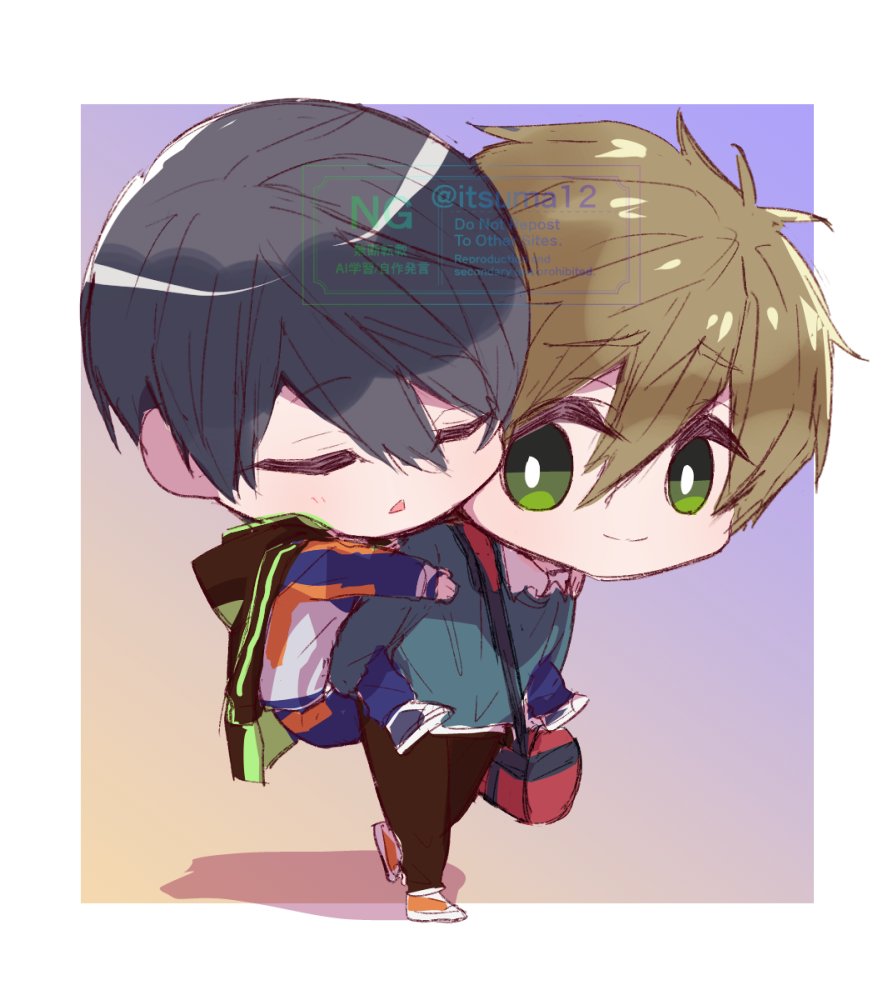 itsuma12's tweet image. お題「幼少期。 ハルちゃんにおんぶされているマコちゃん」
つい青年期も描きました。ありがとうございました！