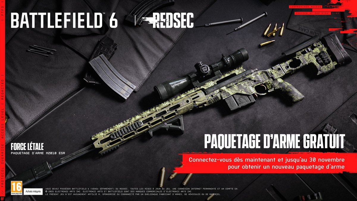 Connectez-vous sur #Battlefield6 ou #REDSEC avant le 30 novembre et recevez gratuitement le paquetage d'arme du fusil de sniper M2010 ESR 🪖