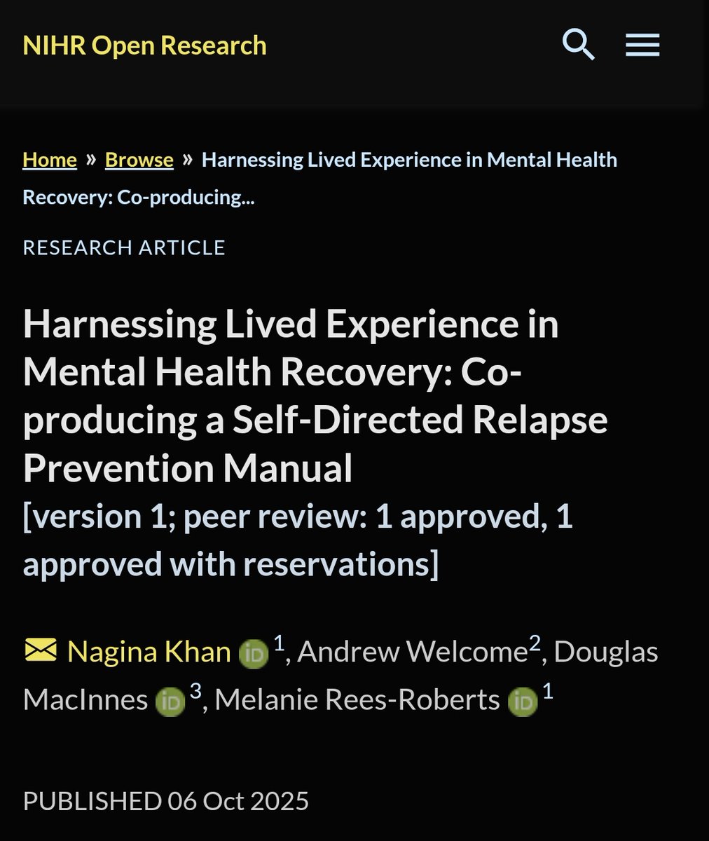 DrKhan_do's tweet image. I am excited to share our new paper on the #PoM #manual, a #relapse-#prevention tool grounded in #livedexperience. Co-authored with Mr A. Welcome, Prof. D. MacInnes &amp;amp; Dr M. Rees-Roberts. Strong early feedback! 🌿📘 #MentalHealth #CoProduction @MindCharity
 openresearch.nihr.ac.uk/articles/5-91