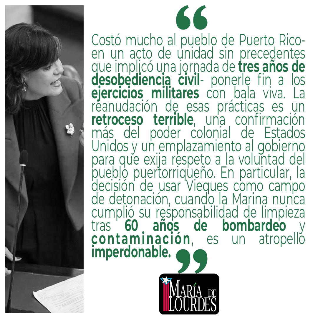 marialourdespip's tweet image. Costó mucho al pueblo de Puerto Rico- en un acto de unidad sin precedentes que implicó una jornada de tres años de desobediencia civil- ponerle fin a los ejercicios militares con bala viva. La reanudación de esas prácticas es un retroceso terrible, una confirmación más del poder…