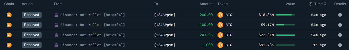 바이낸스에서 비트코인 whale 거래 내역 스크린샷
