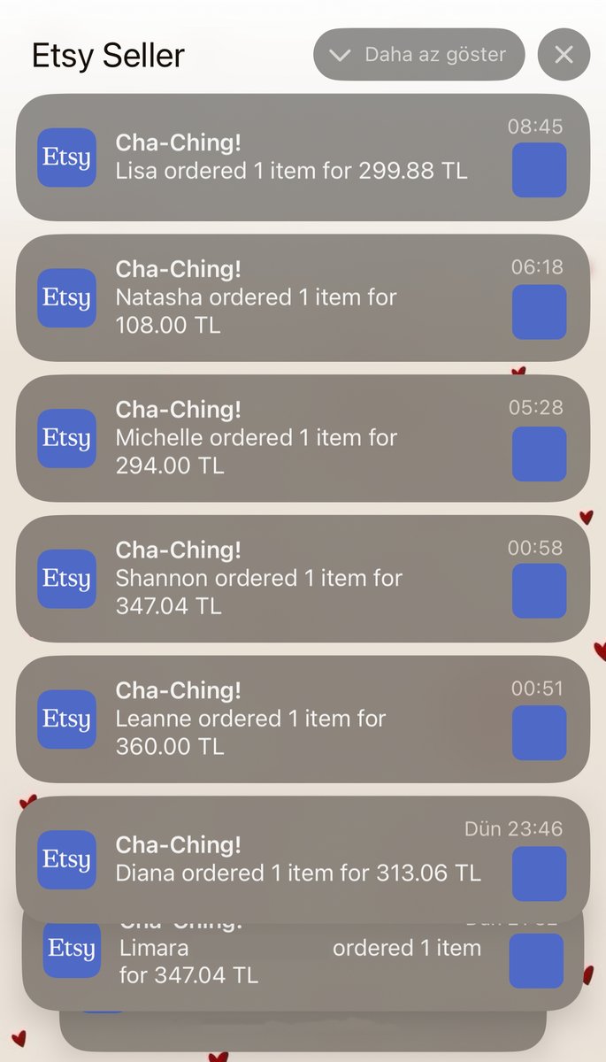 Etsy, daha 2 ay önce ‘olmuyor, yapamıyorum, bırakıcam’ diyen arkadaşımın dün gece gönlünü almış. Düzenli 8-5 işinden ayrılıp, daha kendi kontrolünde olan bir hayata geçiş yapan biri daha.

Bu seviyeye gelmek hiç zor değil, doğru yapmanız ve öğrenmeniz gereken 3-4 şey var, gerisi