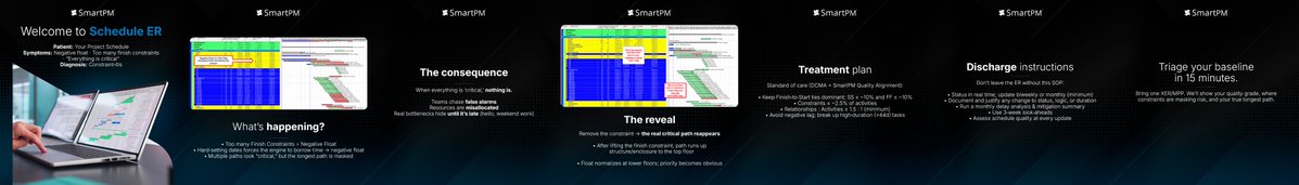 SmartPMTech's tweet image. Schedule ER 🏥

Symptoms: negative float, “everything is critical,” end date glued to the wall.

Diagnosis: too many finish constraints → masks the true critical path and floods your plan with fake emergencies.

DM “ER” and we’ll triage one schedule live during your demo.