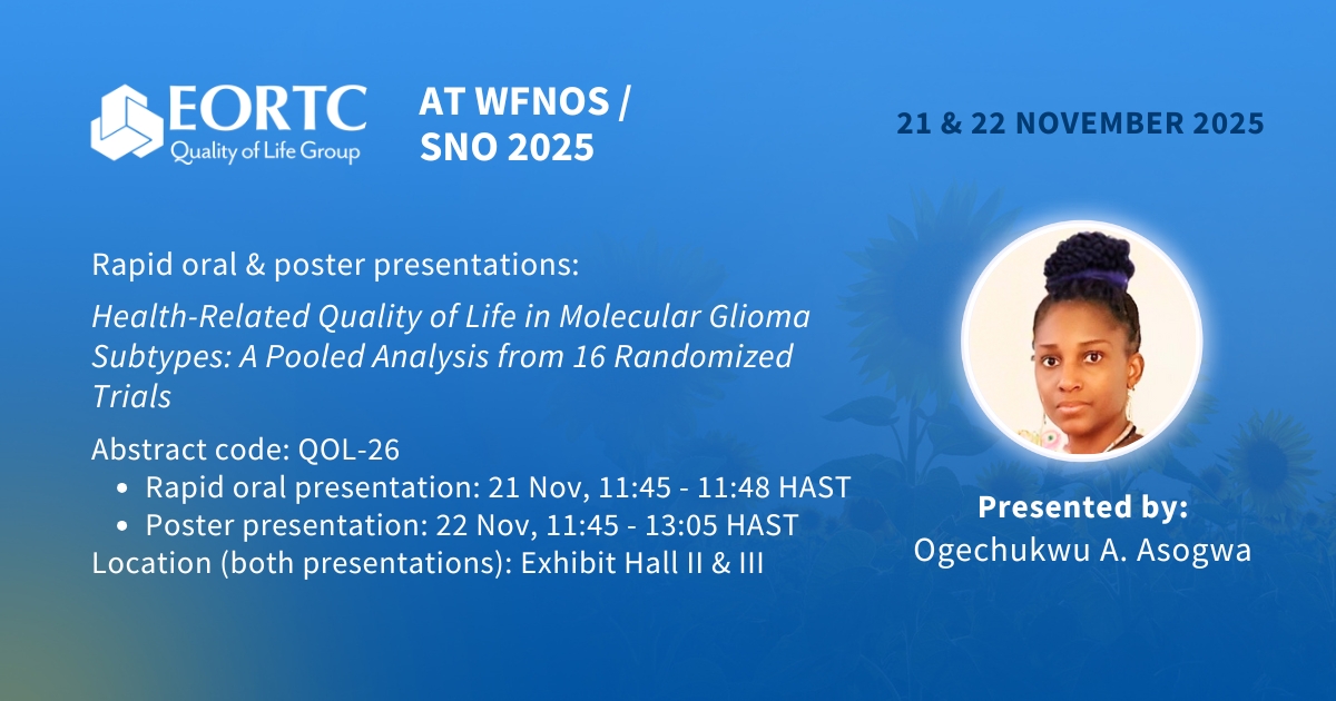 EORTC_QLG's tweet image. 📣Attending WFNOS/ #SNO2025 this week? Don't miss the rapid oral &amp;amp; poster presentations by @EORTC #QualityofLife Group member Ogechukwu A. Asogwa tomorrow &amp;amp; Saturday on health-related quality of life in molecular glioma subtypes 👇
soc-neuro-onc.org/SNO2025
#NeuroOncology @NeuroOnc