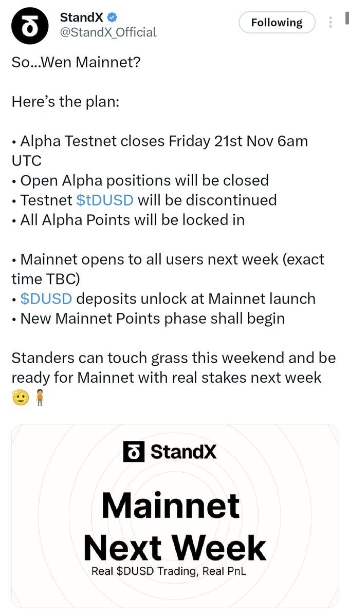 SmartDropFarmer's tweet image. For those farming @StandX_Official:

Be ready, mainnet drops tomorrow.

For newcomers: wait for the mainnet launch and we’ll see what activities are available