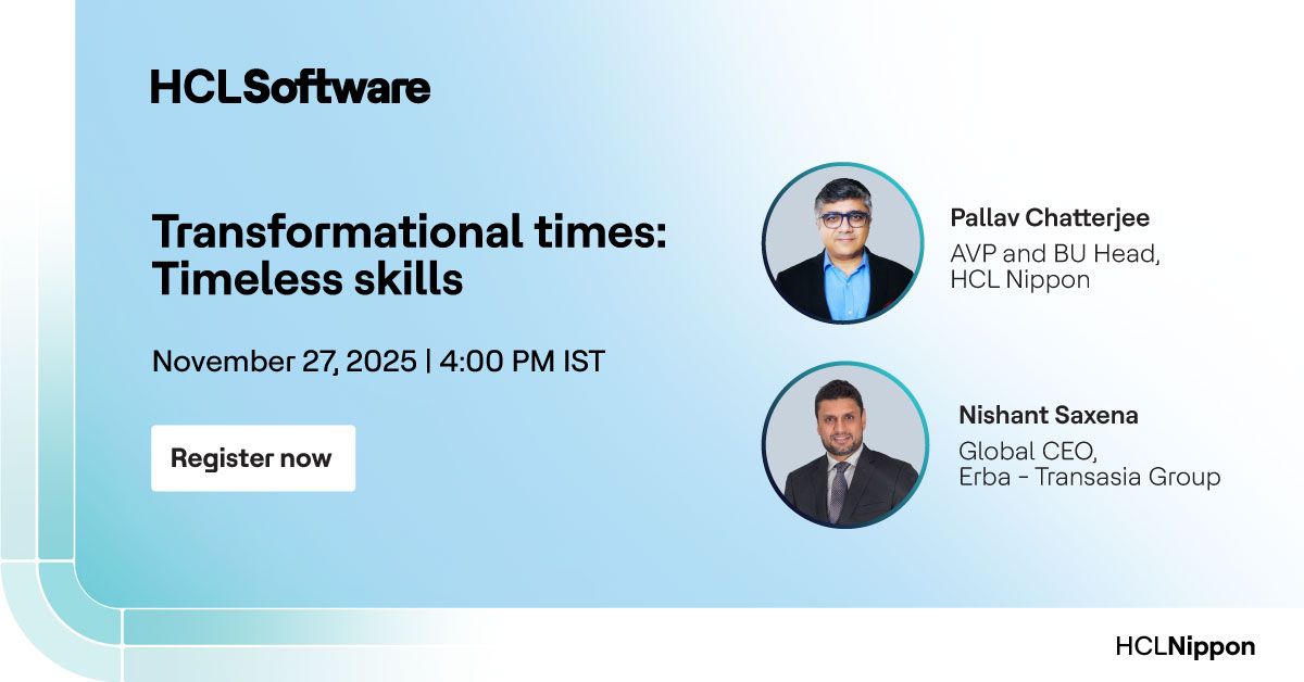 HCLSoftware's tweet image. On November 27, join us for a live fireside chat on how individuals and organizations can thrive by embracing change while strengthening enduring capabilities. 
Register now: hclsw.co/ye5l2q
#HCLSoftware #HCLNippon