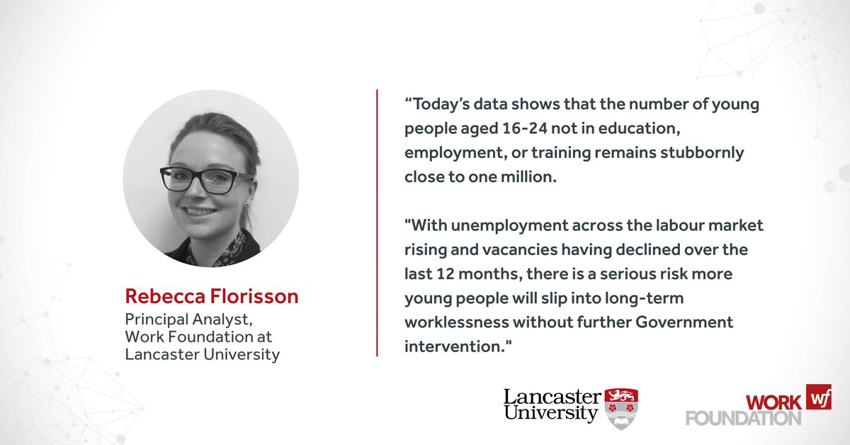 WorkFoundation's tweet image. The latest release from the @ONS showed that 946,000  young people aged 16-24 were not in education, employment or training.

Our Principal Analyst, @RFlorisson , commented on the latest stats. See full statement here: lancaster.ac.uk/work-foundatio…