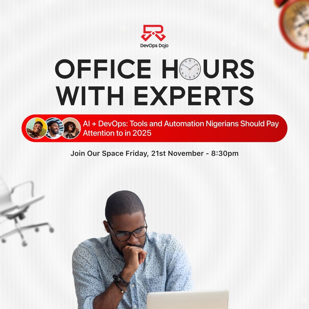 thedevopsdojo's tweet image. AI meets DevOps in 2025!
Join us this Friday at 8:30pm as top experts break down the tools and automations Nigerians should pay attention to in the coming year.
Don’t miss this Office Hours session!
#DevOpsDojo #DevOpsNigeria #AINigeria #TechIn2025 #TechCommunity #NigerianTech