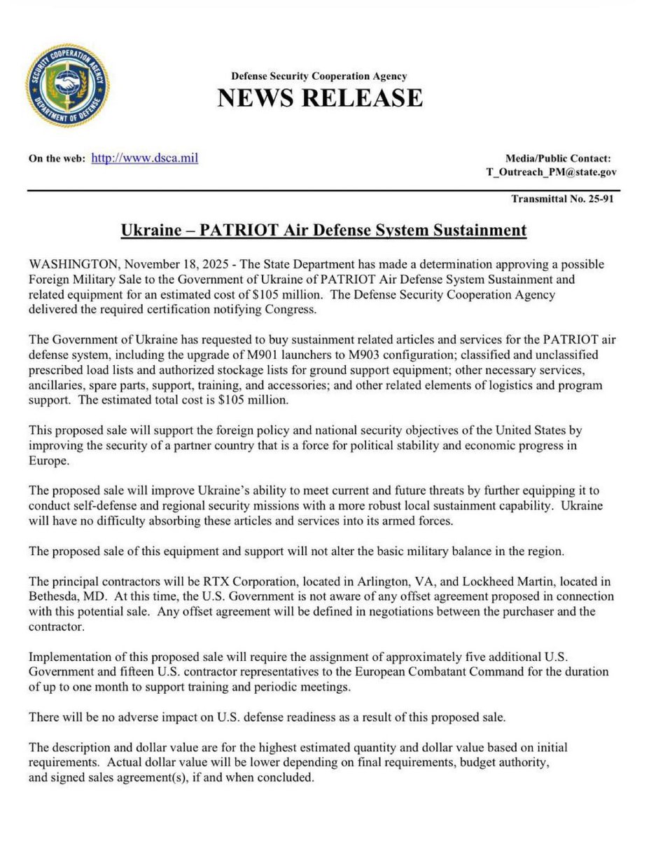 Les états unis sous Trump deviennent schizophrène. 
D’un côté ils nous sortent un plan de paix copié sur les demandes de la Russie, avec notamment une interdiction d’adhésion à l’OTAN, et de l’autre, ils viennent d’approuver la vente à l'Ukraine d'un programme de modernisation et