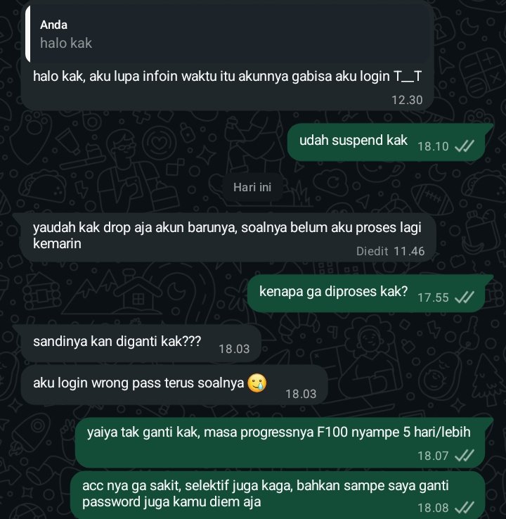 smenpai's tweet image. tolonglah BA upfoll kalo ga sanggup, jangan nerima orderan baru. trus sekarang gw liat malah jual acc BA nya, mo kemana?? 

order upfoll BA F100 JFB dari 4 nov ga kelar² mana keburu tumbang lagi acc nya, buyer yang rep nanya progress di acc nya ga ditanggepin 😂