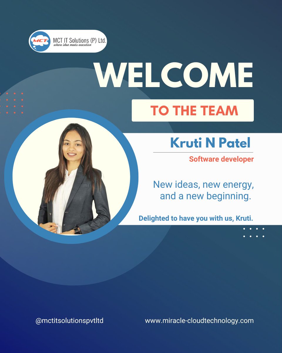 mctitsolutions's tweet image. A new chapter begins at MCTIT Solutions
We’re excited to welcome Kruti Patel to the MCT family as our new Software Developer! With her strong technical skills, fresh ideas, &amp;amp; passion for building impactful solutions, we’re confident she’ll add great value to our growing team.