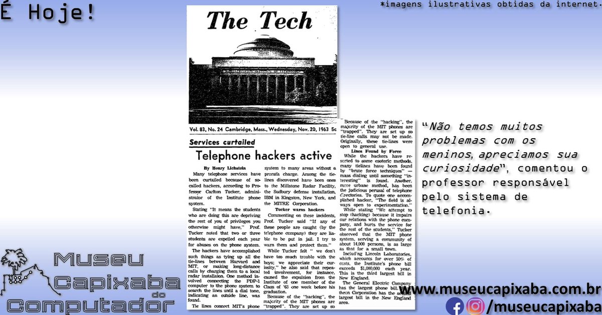 museucapixaba's tweet image. É hoje! O termo hacker de computador de 1963.

+em museucapixaba.com.br/hoje/termo-hac…

#MuseuCapixaba #mcc #éhoje #museu #Tecnologia #Retro #Geek #Capixaba #DescubraoES #ES #OnThisDay #Hacker #MIT #TheTech #Cracker #HackerdeComputador #MassachusettsInstituteofTechnology #Newbie #Phreaker