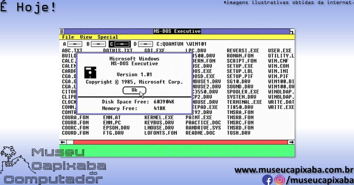 museucapixaba's tweet image. É hoje! O Microsoft Windows 1.0 era finalmente lançado há 40 anos!

+em museucapixaba.com.br/hoje/microsoft…

#MuseuCapixaba #mcc #éhoje #museu #retro #Microsoft #MSDOS #MicrosoftPaint #Reversi #InterfaceGráfica #GUI #MicrosoftWrite #Windows #Windows1 #Windows3 #Apple #LISA #Macintosh #IBMPC