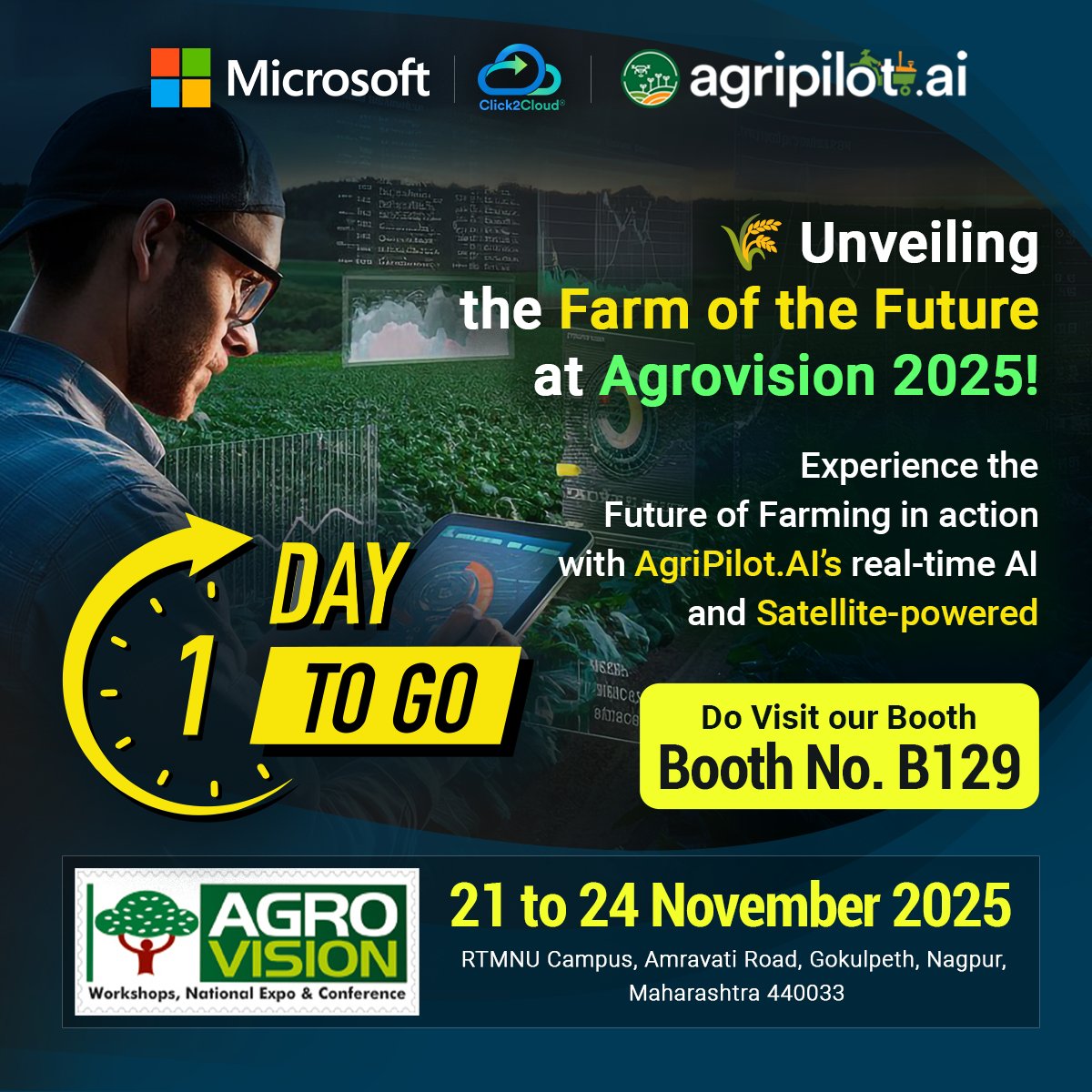 agripilotai's tweet photo. 🌾 Unveiling the Farm of the Future at Agrovision 2025!
Experience the future of farming in action with https://t.co/CSmcuhILsr’s real-time AI and satellite-powered demo.

Address : RTMNU Campus, Amravati Road, Gokulpeth,
Nagpur, Maharashtra 440033

⏰ 1 DAY TO GO! https://t.co/j9tg13xuCJ
