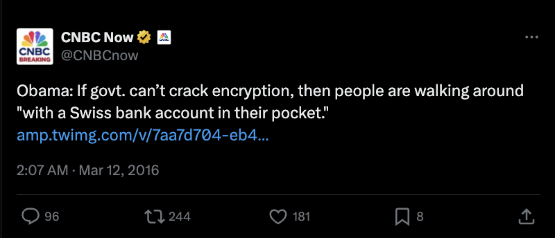 0xMert_'s tweet image. remember how I was saying that Zcash is your very own private swiss vault on the internet

turns out Obama was saying it almost 10 years before me!

a swiss vault in your pocket, I like the sound of that

sounds like trillions