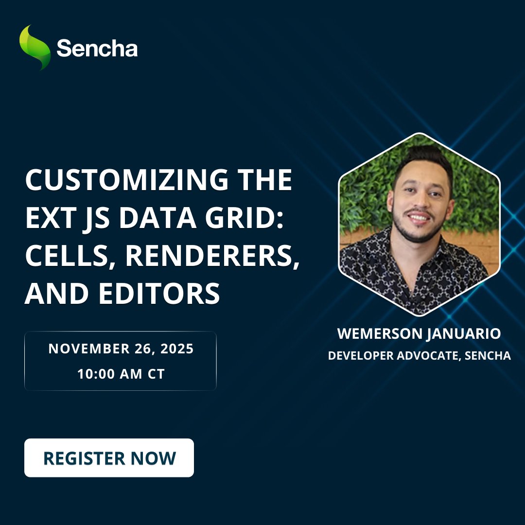Sencha's tweet image. ⚡️Have you registered yet? If not — do it fast!

Learn how to customize Ext JS grids with powerful cells, renderers &amp;amp; editors.
📅 Register now  :  bit.ly/47CHxBu 

#ExtJS #Sencha #JavaScript #WebDev #UIEngineering