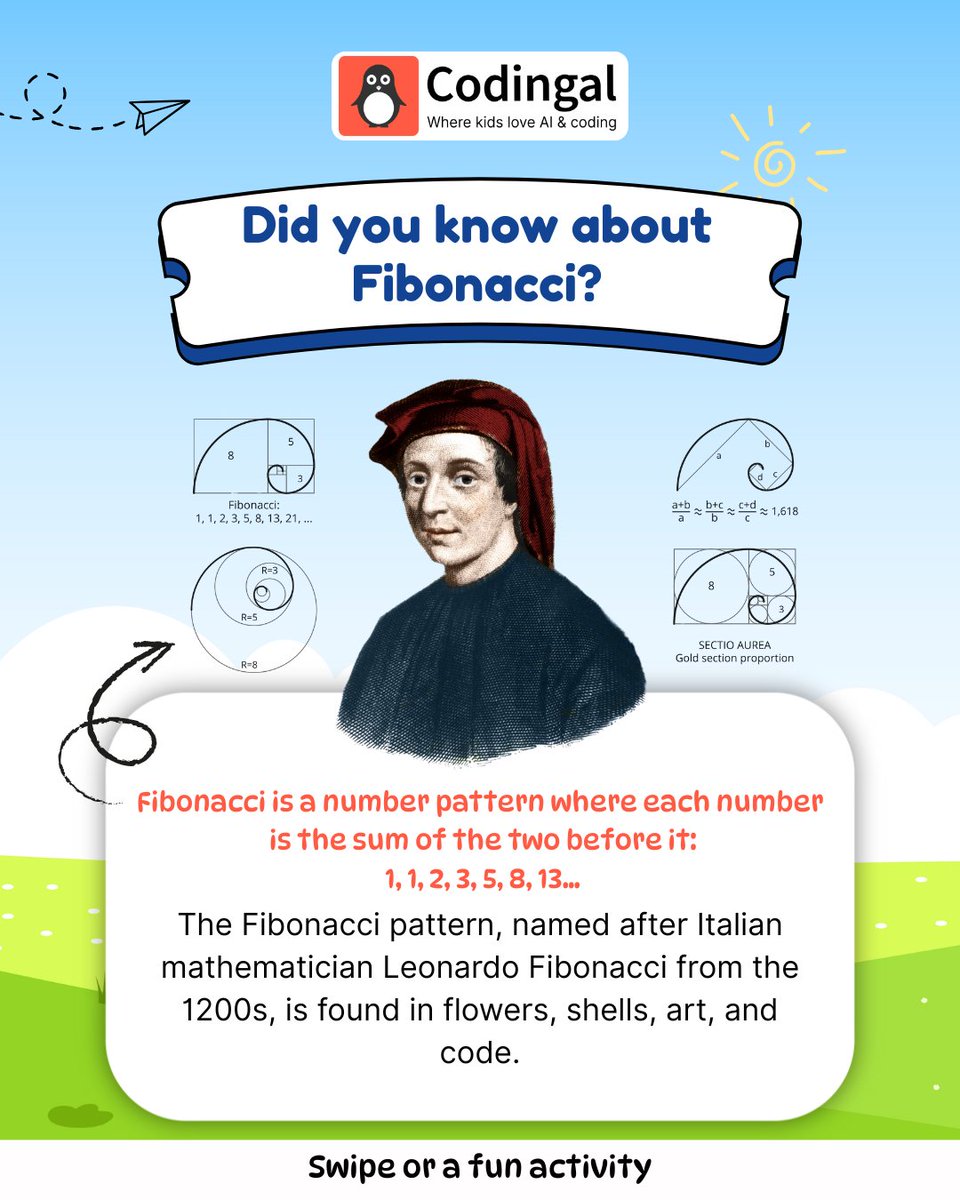 codingal's tweet image. Ever noticed how some patterns just feel magical? 🌟
From petals on a flower to spirals in a shell, the Fibonacci sequence quietly shapes our world—and it’s the perfect way to help kids see how math and coding are all about patterns, logic, and creativity.
Swipe through to…